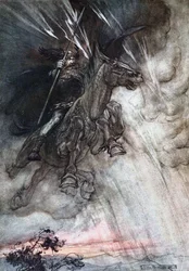 Wütend reitet Wotan zum Felsen. Illustration für Das Rheingold und Die Walküre von Richard Wagner