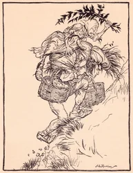 Ständig stöhnend, bestieg er den Berg. Illustration von Arthur Rackham aus Grimms Märchen Die Gänsemagd am Brunnen.