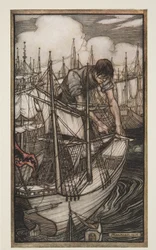 Gulliver ergreift die feindliche Flotte, aus Gullivers Reisen von Jonathon Swift
