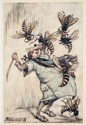 Gullivers Kampf mit den Wespen, aus Gullivers Reisen von Jonathon Swift, veröffentlicht 1909