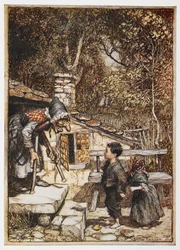 Hänsel und Gretel am Haus der alten Frau