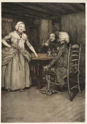 Er fand die alten Bürger und noch mehr ihre Frauen reich an jener legendären Liebe, die für die wahre Geschichte so wertvoll ist., aus Rip Van Winkle von Washington Irving, veröffentlicht 1910