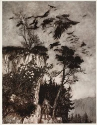 Er wurde nur von einer Schar fauler Krähen beantwortet., aus Rip Van Winkle von Washington Irving, veröffentlicht 1910