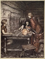 Hunding entdeckt die Ähnlichkeit zwischen Siegmund und Sieglinde, Illustration aus 