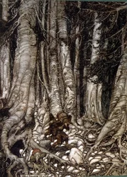 Illustration von Arthur Rakham von Rip Van Winkle, einer Kurzgeschichte des amerikanischen Autors Washington Irving, erstmals veröffentlicht 1819