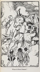 Illustration aus Ein Sommernachtstraum mit Feen und einem Mann mit einem Eselskopf.