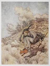Illustration aus Der goldene Vogel. Ein Prinz reitet auf einem Fuchs