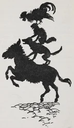 Illustration aus den Bremer Stadtmusikanten mit einem Esel, einem Hund, einer Katze und einem Hahn.
