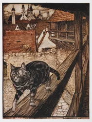 Illustration einer Katze, die auf einem Zaun entlangläuft, aus Die Katze und die Maus in Partnerschaft