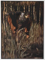 Illustration eines Jünglings an einem Teich aus Die weiße Schlange