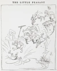 Illustration von Männern, die von einer Klippe in einen Teich springen, aus Die kleinen Bauern