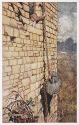 Illustration der Hexe, die Rapunzels Haar hinaufklettert.