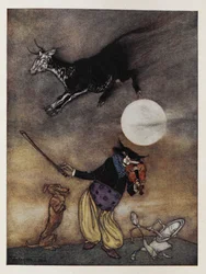 Illustration zu einem Kinderreim. Eine Kuh springt über den Mond. Eine Katze spielt Geige. Ein Hund. Ein Teller läuft mit einem Löffel weg