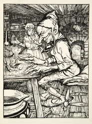 Leg!, brüllte der Riese und dann legte die Henne sofort ein Ei aus massivem Gold, aus The Arthur Rackham Fairy Book, veröffentlicht 1933