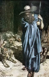 Mime und der Wanderer. Illustration für Siegfried und Die Götterdämmerung von Richard Wagner
