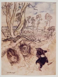 Zwiebelsoße! Zwiebelsoße! bemerkte er spöttisch und war verschwunden, bevor sie eine Antwort finden konnten, aus Wind in den Weiden von Kenneth Grahame (1859 - 1932), veröffentlicht 1940
