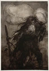Rip wacht auf. Sicherlich, dachte er, habe ich nicht die ganze Nacht hier geschlafen? Oh! Dieser Krug! Dieser böse Krug! Welche Ausrede soll ich Dame Van Winkle machen? aus Rip Van Winkle von Washington Irving, veröffentlicht 1910