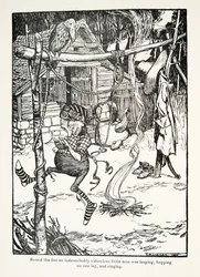 Rund um das Feuer sprang ein unbeschreiblich lächerlicher kleiner Mann auf einem Bein und sang, aus den Märchen der Brüder Grimm, veröffentlicht 1909