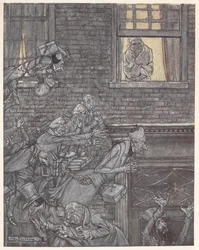 Scrooge an seinem Fenster, beobachtet Geister auf der Straße darunter