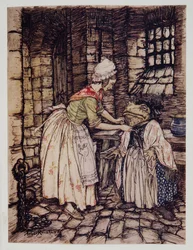 Sie arrangierte das Tuch mit einem professionellen Faltenwurf und band die Bänder der rostigen Haube unter seinem Kinn, aus Wind in den Weiden von Kenneth Grahame (1859 - 1932), veröffentlicht 1940