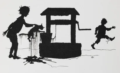 Silhouette eines Jungen, der eine Katze aus einem Brunnen zieht