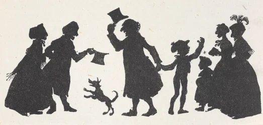 Silhouette eines Jungen und eines Mannes, die Leute auf dem Heimweg von der Kirche begrüßen