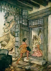 Die Schlüssel des Schlosses nehmen. Jack schloss alle Türen auf, Illustration zu „Jack der Riesentöter“ aus „Englische Märchen, nacherzählt von F. A. Steel“