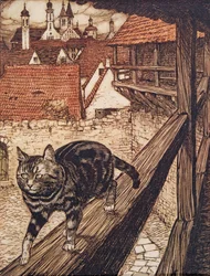 Die Katze schlich sich hinter die Stadtmauern zur Kirche, aus Die Märchen der Brüder Grimm, veröffentlicht 1909