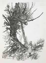 Die Grinsekatze in einem Baum, die auf Alice herabblickt