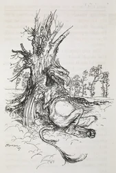 Der Greif, der an einem Baum sitzt