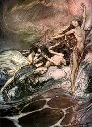 Die Rheintöchter erlangen den Ring und tragen ihn triumphierend davon, ca. 1911