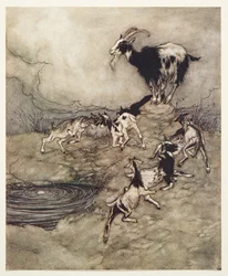 Die sieben Geißlein und ihre Mutter tanzten vor Freude um die Quelle, aus den Märchen der Brüder Grimm, veröffentlicht 1909