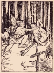 Der Riese gab dem, der neben ihm saß, eine Ohrfeige. Illustration von Arthur Rackham aus Grimms Märchen Der geschickte Jäger.