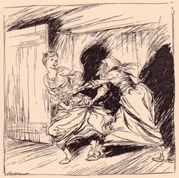 Die alte Frau packte sie am Kleid und versuchte, sie festzuhalten. Illustration von Arthur Rackham aus Grimms Märchen, Der verzauberte Baum.