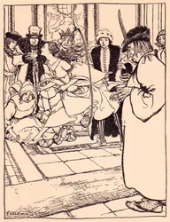 Das hübsche Mädchen sprang so leicht wie ein Reh durch den Reifen. Illustration von Arthur Rackham aus Grimms Märchen, Die drei Federn.