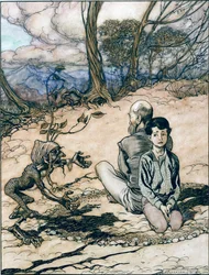Der Sohn zog einen Kreis, und sein Vater und er nahmen darin Platz, und das kleine schwarze Männchen erschien, Illustration zu „Der König vom goldenen Berg“ in „Die Kinder- und Hausmärchen der Brüder Grimm“