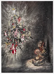 Dort saß sie unter dem schönen Weihnachtsbaum. Ein junges Mädchen schaut auf den hell erleuchteten Weihnachtsbaum. Farbige Illustration für die Geschichte 