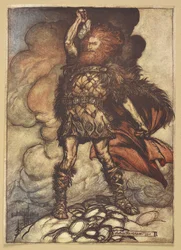 Thor erhebt seinen Hammer.