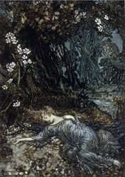 Titania, die Königin der Feen, schläft. Illustration von Arthur Rackham (1867-1939) für Ein Sommernachtstraum von William Shakespeare