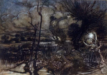 Zwei Figuren drohen im Sumpf zu ertrinken, Puck hilft ihnen mit einem Feuer. Illustration von Arthur Rackham für Ein Sommernachtstraum von William Shakespeare