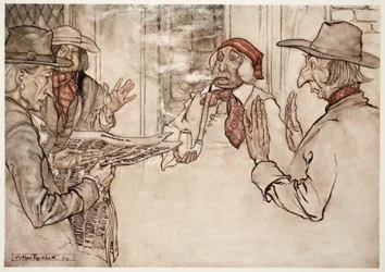 Wenn ihm etwas missfiel, konnte man beobachten, wie er heftig seine Pfeife rauchte und kurze, häufige und zornige Rauchstöße ausstieß, aus Rip Van Winkle von Washington Irving, veröffentlicht 1910