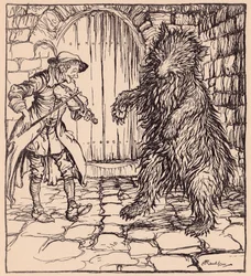 Als der Bär die Musik hörte, konnte er nicht anders, als zu tanzen. Illustration von Arthur Rackham aus Grimms Märchen, Der kluge kleine Schneider