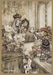Wer hat die Törtchen gestohlen?, aus Alice im Wunderland, von Lewis Carroll, veröffentlicht 1907 (Farblithografie)
