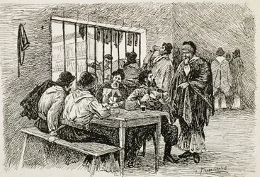 Argentinien (20. Jahrhundert). „Pulperia“, eine Taverne und Spirituosengeschäft. Illustration von T.Tamarera. Gravur