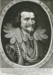 BUCKINGHAM, George Villiers, Herzog von (1592-1628). Britischer Politiker, Favorit von James I und Charles I. Radierung.
