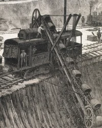 Bau des Panamakanals. Baggerarbeiten im Dorf Culebra. Originalzeichnung von Meltor Prior. Bild veröffentlicht in „The Illustrated London News“. Gravur.