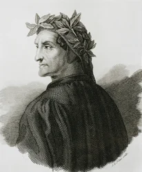 DANTE ALIGHIERI (1265-1321). Italienischer Dichter.; Raphael (1483-1520). Reproduktion eines Freskos von Raphael. Gravur.