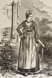 Deutschland (19. Jh.). Gesellschaft (1879). Elsass. Frauen in der Region. Derzeit wurde Elsass vom Deutschen Reichstag gehalten (1871-1918). Gravur. Private Sammlung