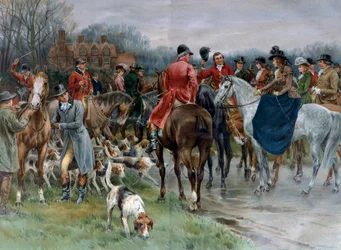 Jagd in England. Mann in Jagdkleidung und Frauen auf Amazonenpferden versammeln sich vor der Jagd (Gravur)