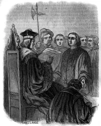 Urteil über Jacques Coeur, einen französischen Geschäftsmann, der 1451 wegen Verfehlungen verhaftet, zu Gefängnis verurteilt und dessen Eigentum konfisziert wurde